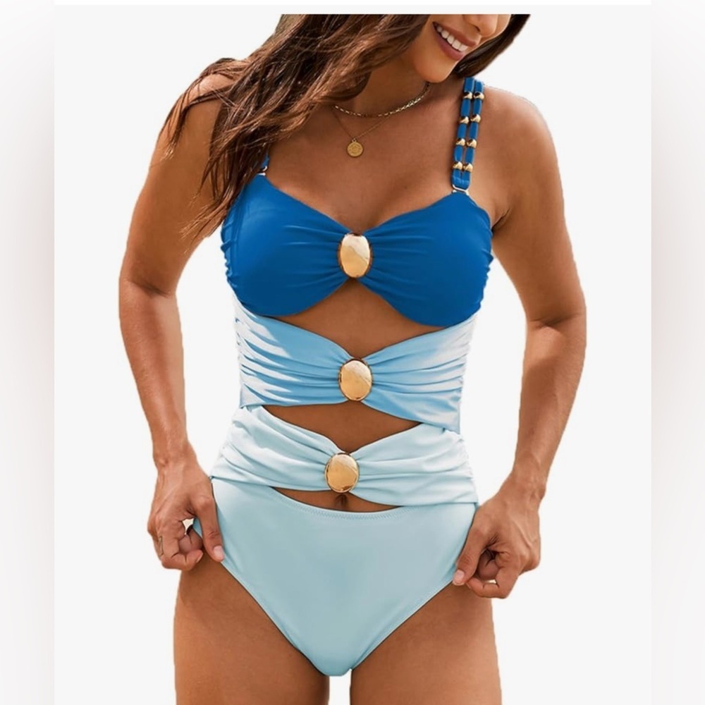 UNBRANDED ONE PIECE COLOR BLOCK BLUE CUTOUT WITH GOLDTONE SWIMWEAR